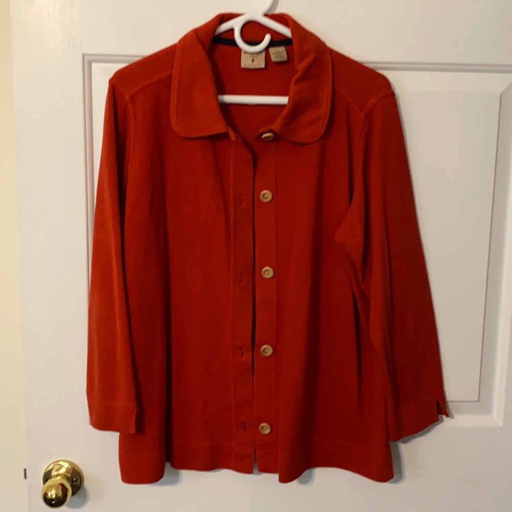 Mountain Lake II burnt orange sweater jacket. 1X
